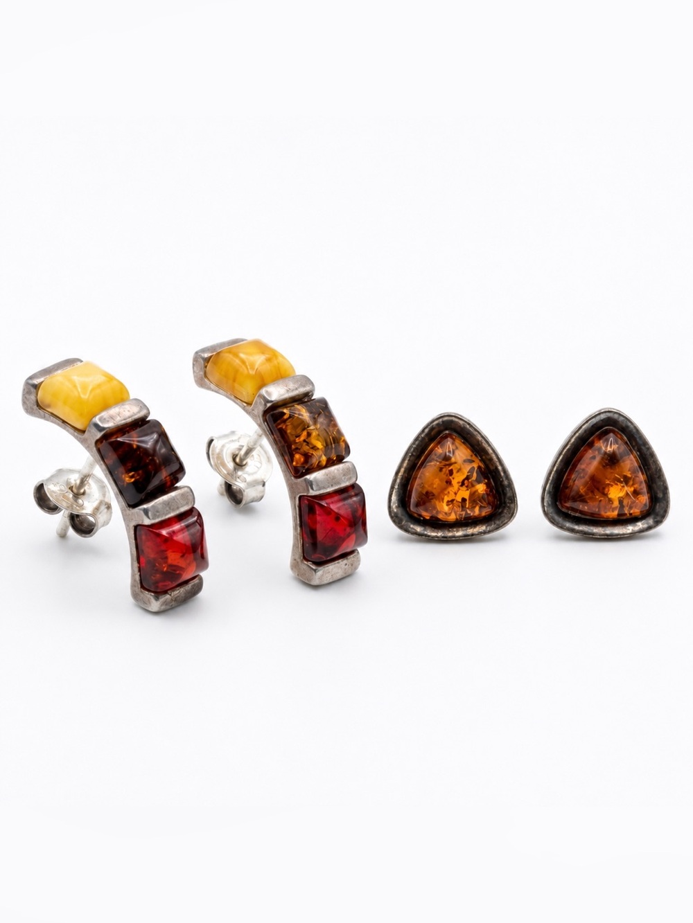 2-Vintage Sterling Silver Amber Multi-Color Stud Earrings Set